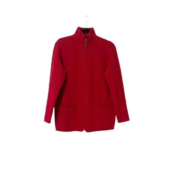 Talbots Red Wool Diamond Knit Zip Up Cardigan Size S - Picture 1 of 6